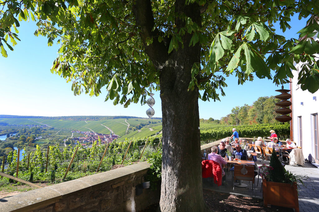 Biergarten der Vogelsburg – Die Terrasse, auf der einige Gäste eingekehrt sind, umrandet durch eine Steinmauer. Blick ins Weite, auf eine wunderschöne Flusslandschaft und Weinberge.