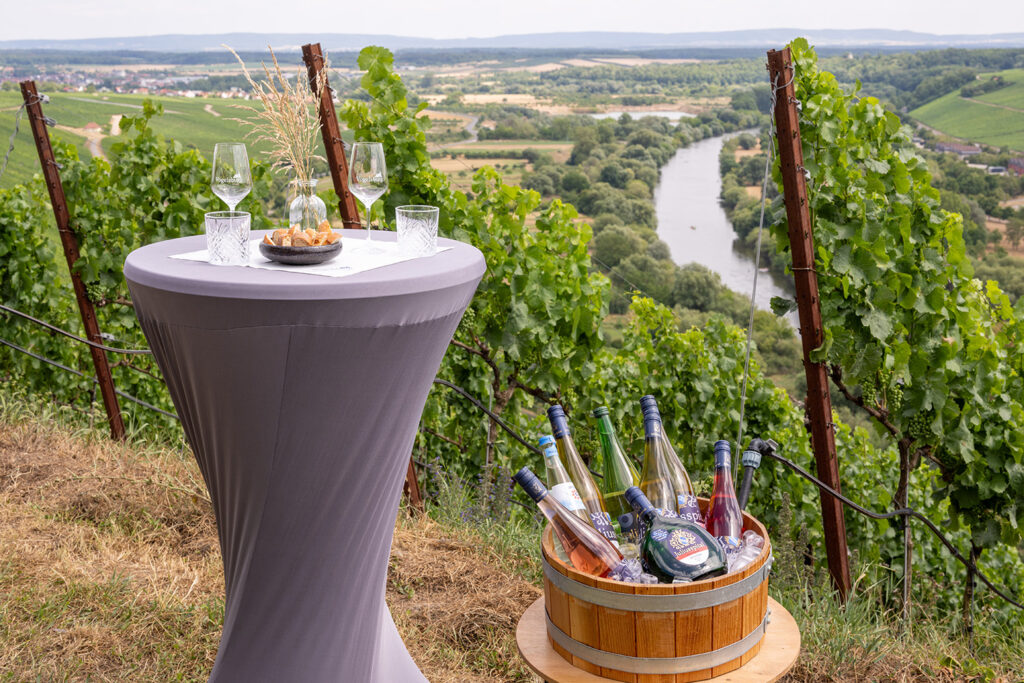 Stehtisch mit Weingläsern und Baguette, mit Blick auf Flusslandschaft daneben ein Weinkübel mit gekühlten Weinflaschen zwischen grünen Reben.